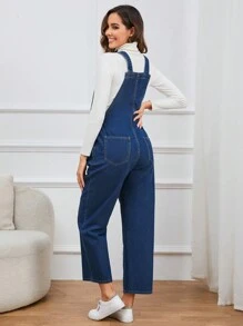 SHEIN 孕婦1入組花卉刺繡牛仔背帶褲 - 中等水洗藍 - 查看 2