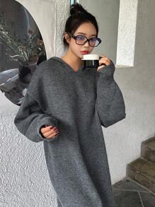 DAZY Solid Drop Shoulder Hooded Sweater Dress - Dark Grey - View 4