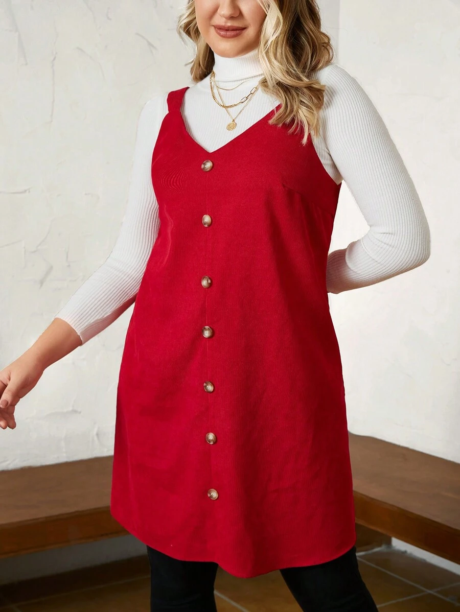 SHEIN LUNE 大碼前紐扣背帶洋裝無毛衣 - 紅色 - 查看 1