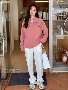 DAZY Đồ họa Chữ cái Một nửa khóa kéo Thả vai Áo chui đầu Oversized - Hồng - Xem 6