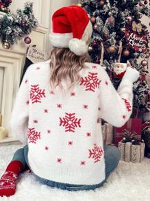 SHEIN LUNE Christmas Elk Pattern Drop Shoulder Fluffy Knit Pullover Fall Winter Sweater - Red and White - View 2