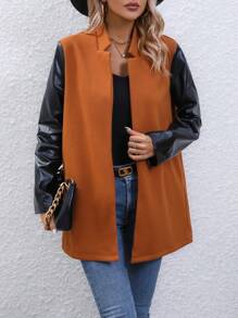 SHEIN LUNE 拼接PU皮革開門襟外套 - 棕色 - 查看 3