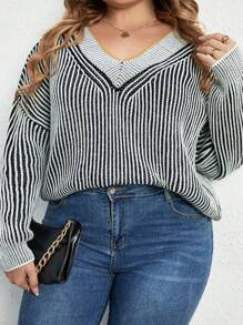 SHEIN LUNE Plus Striped Pattern Drop Shoulder Sweater Knit Pullover Fall Winter Sweater - Multicolor - View 3