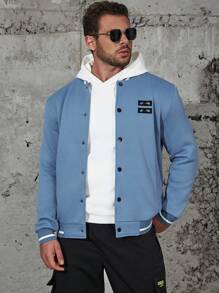 Manfinity Homme Men Plus Letter Patched Striped Trim Bomber Jacket Without Hoodie - Blue - View 1