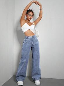 SHEIN EZwear 高腰闊腿牛仔褲 - 中等水洗藍 - 查看 1