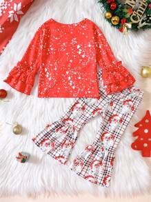 小女孩聖誕幼兒女孩休閒長袖聖誕老人印花襯衫與喇叭褲服裝套裝 - 紅色 - 查看 2