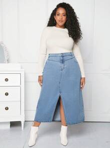 SHEIN CURVE+ Hơn Tách đùi Váy Denim - Màu xanh lam - Xem 3