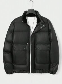 RueChic Men Flap Pocket Puffer Coat Without Tee - Black - View 1