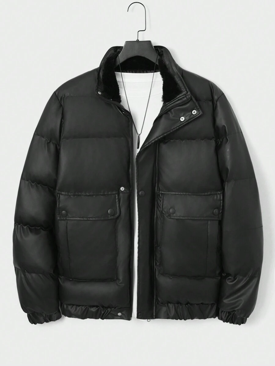 RueChic Men Flap Pocket Puffer Coat Without Tee - Black - View 1