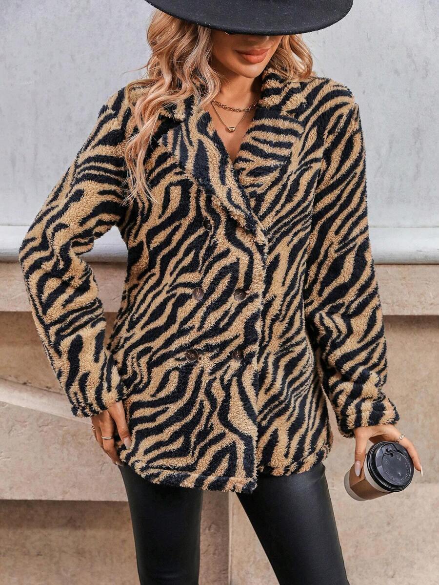 SHEIN LUNE Zebra Striped Pattern Lapel Collar Coat - Coffee Brown - View 1