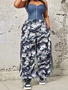 大碼迷彩印花側翻蓋口袋腰部抽繩工裝降落傘褲 - 彩色 - 查看 2