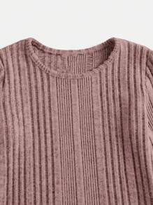 SHEIN 女大童素色弧形下擺條紋針織T恤 - 藕粉色 - 查看 4