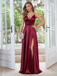 MUXXN Satin High Slit Formal Dress, Party Dress, Evening Gown, Cocktail Dress, Wedding Guest Dress - Burgundy - View 1