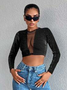 RueChic Lưới tương phản Áo phông Crop - màu đen - Xem 4