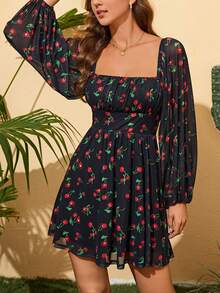 SHEIN WYWH Vestido con estampado de cereza de cuello cuadrado de manga farol - Multicolor - Ver 3