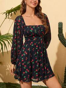 SHEIN WYWH Vestido con estampado de cereza de cuello cuadrado de manga farol - Multicolor - Ver 4