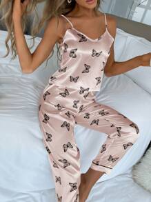 Conjunto de pijama / Pijama de satén con estampado de mariposa - Rosa Pálido - Ver 4
