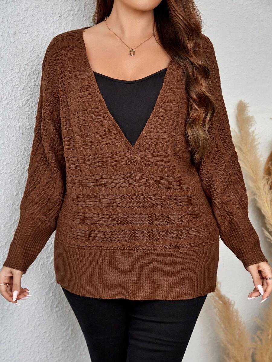 EMERY ROSE Talla grande Jersey de cuello cruzado de manga murciélago cruzado cruzado sin camiseta - Marrón - Ver 1
