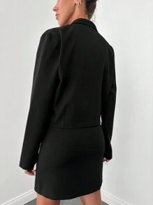 EURMUSE Solid Lapel Collar Single Button Blazer & Wrap Skirt - Black - View 2