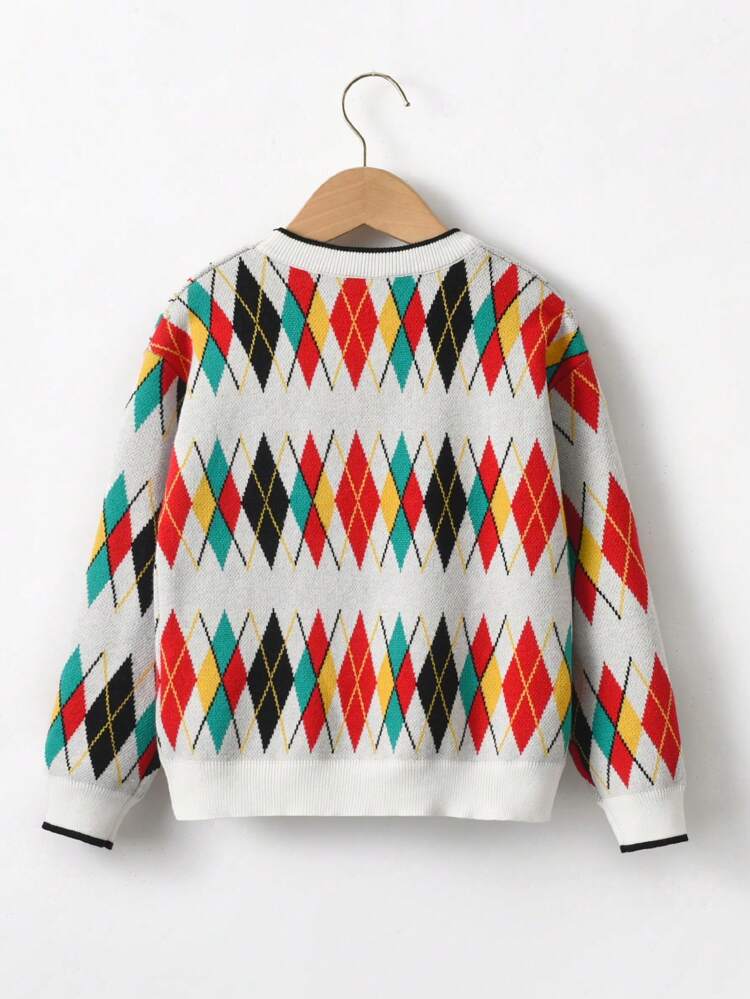 Tween Girl Argyle Pattern Contrast Trim Sweater