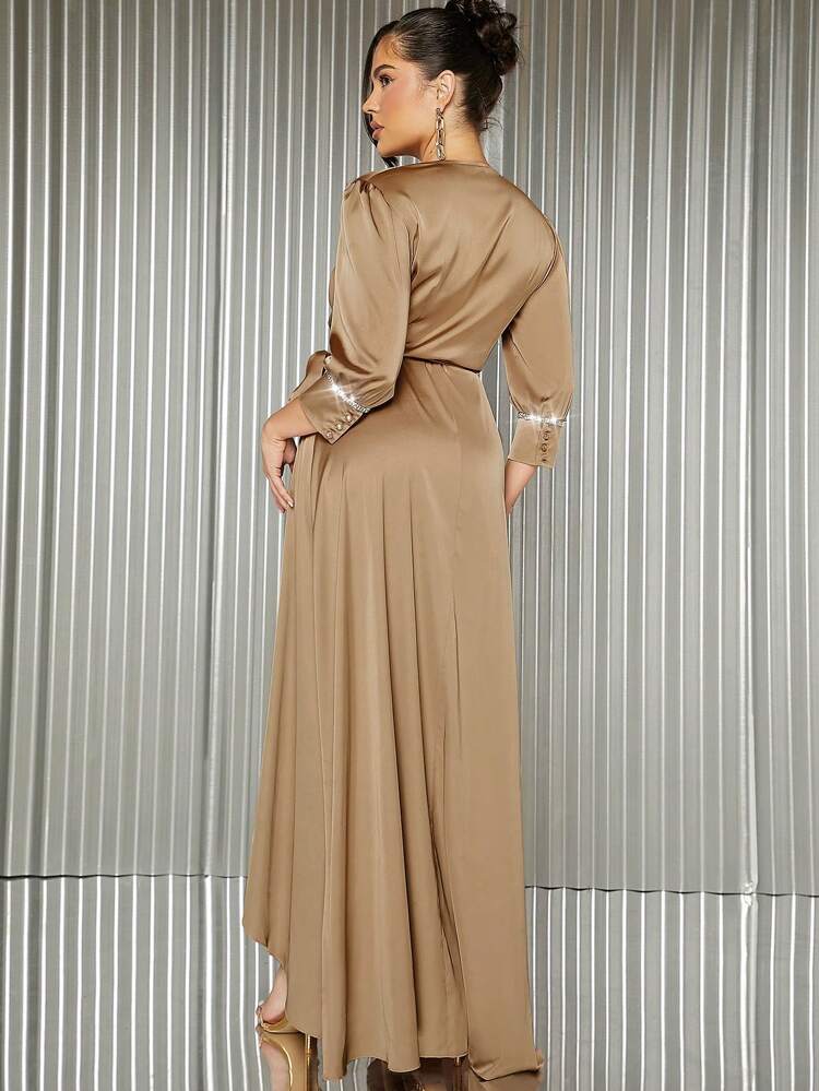 Wrap Tie Rhinestone Trim Satin Dress