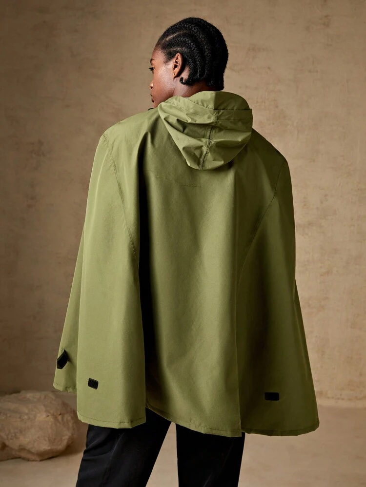 Men Zip Half Placket Hooded Cape Rain Jacket