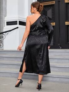 SHEIN Privé Hơn Hoa Dệt hoa Một bờ vai Tay áo kèn  Xa ten Đầm - màu đen - Xem 2