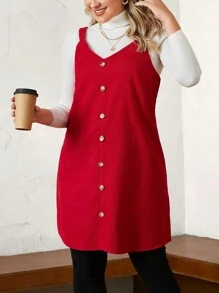 SHEIN LUNE 大碼前紐扣背帶洋裝無毛衣 - 紅色 - 查看 3