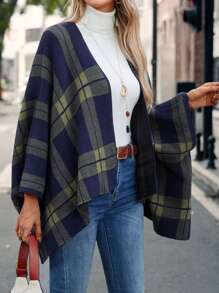 EMERY ROSE Plaid Pattern Batwing Sleeve Open Front Cape Cardigan - Multicolor - View 3