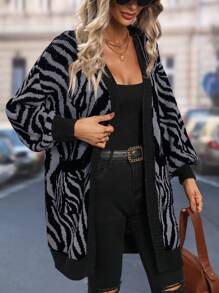 SHEIN LUNE 斑馬紋圖案燈籠袖開襟開衫 - 灰色 - 查看 6