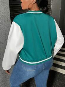 Slaydiva 大碼字母貼布條紋飾邊落肩袖短款學院風夾克 - 綠色 - 查看 4