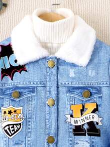SHEIN Young Girl 1pc Letter Graphic Borg Collar Denim Effect Coat - Blue - View 6