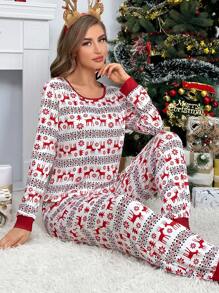 Conjunto de pijama con estampado de Navidad ribete en contraste - Multicolor - Ver 6