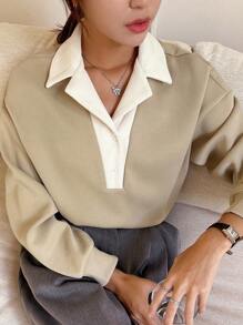 DAZY Women's Contrast Color Fleece Polo Collar Drop Shoulder Long Sleeve Casual Sweatshirt, Autumn - Khaki - View 4