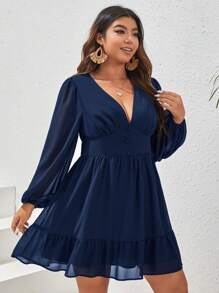 SHEIN VCAY Plus Lantern Sleeve Ruffle Hem Dress - Navy Blue - View 3