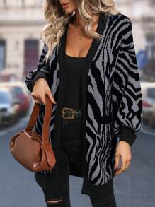 SHEIN LUNE 斑馬紋圖案燈籠袖開襟開衫 - 灰色 - 查看 5