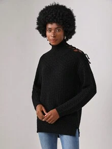 ALBERTI High Neck Lace Up Detail Sweater - Black - View 4