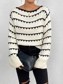 SHEIN Frenchy Mẫu sọc Thả vai Áo len - Màu be - Xem 1