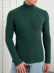 RueChic Men Solid Turtleneck Ribbed Knit Sweater - Green - View 6
