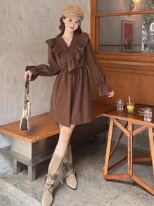 DAZY 素色荷葉邊荷葉袖荷葉邊圍裹細節洋裝 - 咖啡 - 查看 6