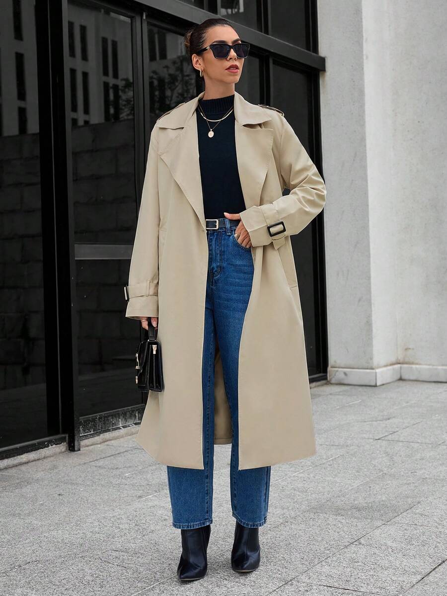 SHEIN Essnce Buckle Sleeve Double Breasted Trench Coat - Camel - View 1