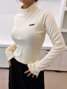 DAZY Letter Patched Detail Raglan Sleeve Mock Neck Tee - Beige - View 5