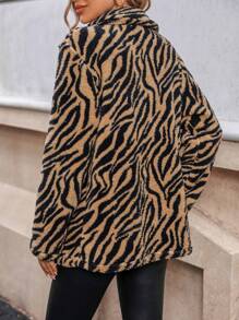 SHEIN LUNE Zebra Striped Pattern Lapel Collar Coat - Coffee Brown - View 2