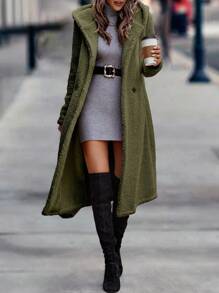 SHEIN LUNE Double Breasted Hooded Teddy Coat - Army Green - View 5