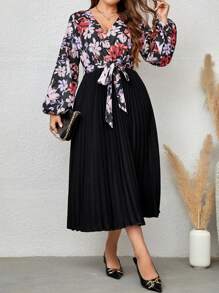 EMERY ROSE Hơn In hoa Tay áo lồng đèn Viền xếp Váy có thắt lưng - Nhiều màu - Xem 5