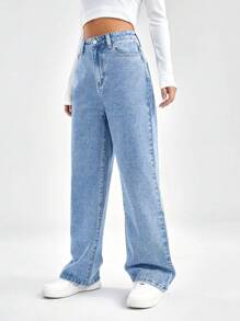 SHEIN EZwear High Waist Wide Leg Jeans - Light Wash - View 4