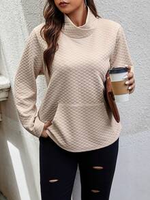 Calvaya 大碼袋鼠口袋高領T恤 - 杏色 - 查看 4