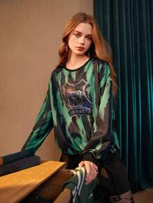 HARRY POTTER X SHEIN 紮染字母圖案落肩袖運動衫 - 彩色 - 查看 4