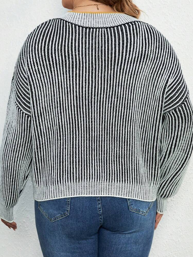 Plus Striped Pattern Drop Shoulder Sweater Knit Pullover Fall Winter Sweater