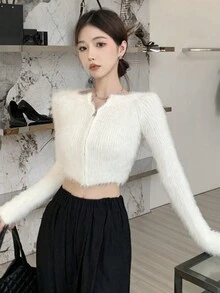 纯色纽扣短款蓬松开衫，长袖上衣，休闲春季款 - 米色 - 查看 3